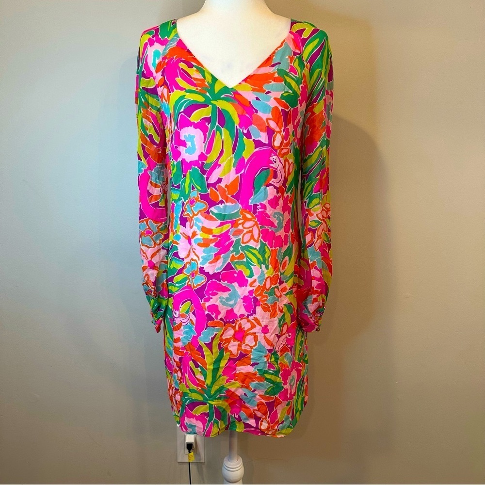 Lilly Pulitzer Pink Flamingo Carleigh Long Sleeve Dress Size 4 100% Silk EUC